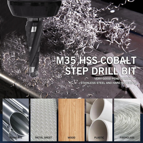 M35 Four Spiral Flute Cobalt Step Drill Bit, 1/4"-3/4" Wear-Resistant TiAlN Coated for Metal, Wood, Plastic