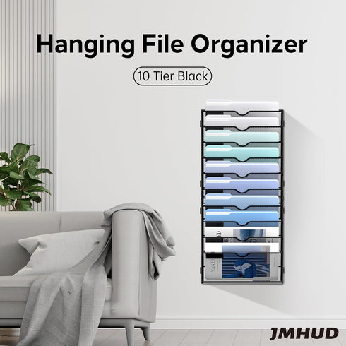 Wall File Organizer, 10 Tier Hanging Wall Holder for File Folder, Paper, and Clipboard, Black