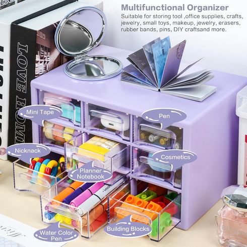 Desk Storage Organizer with 9 Drawers, Clear Plastic Storage Cabinet for Makeup, Office, Craft, and Art Supplies