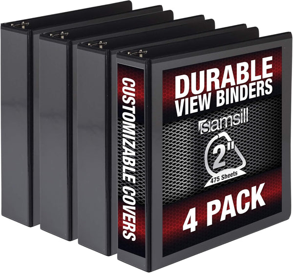 Samsill Durable 2 Inch D Ring Binder, Made in the USA, Customizable Clear View Binder, Black, 4 Pack, Each Holds 475