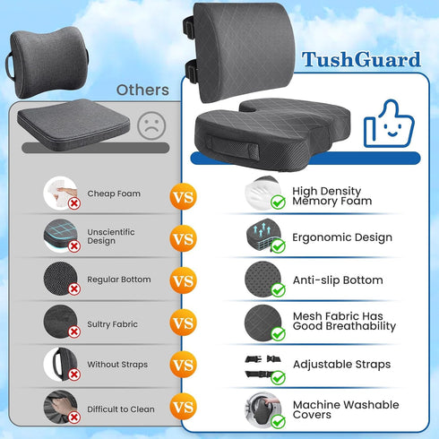 TushGuard Back&Seat Cushion, Car Seat Office Chair Cushions, Breathable Memory Foam Lumbar Back Support Pillow