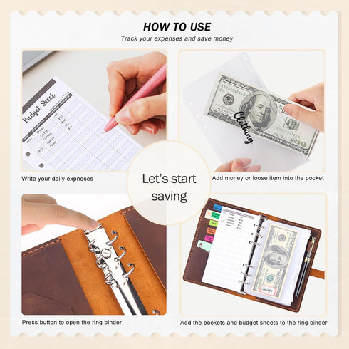 Leather Binder Budget with Cash Envelopes, Handmade A6 Money Saving Planner, Brown