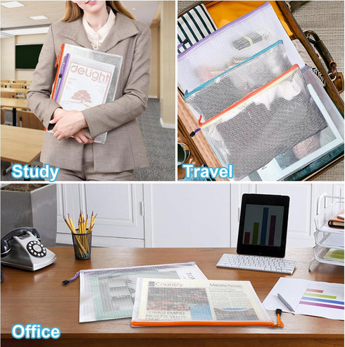 Mesh Zipper Pouch, Waterproof Zipper Bags, 18pcs Document Folders for School Office Supplies and Puzzle Storage
