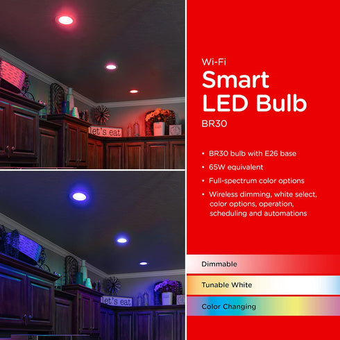Bulb, BR30, 65W 2700K 6500K, Dimmable, 2.4GHz 2 Pack, 51452 UltraPro Wi-Fi LED Smart Light Equivalent, RGB, Color