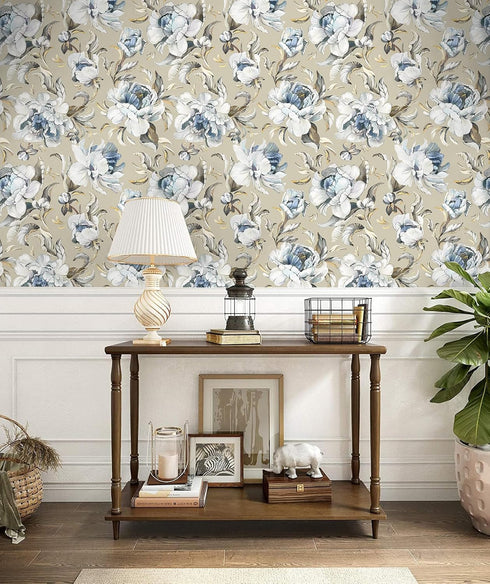 HAOKHOME 94030-2 Vintage Damask Wallpaper Peel and Stick Tan/Cream/Blue for Bedroom Contact Paper