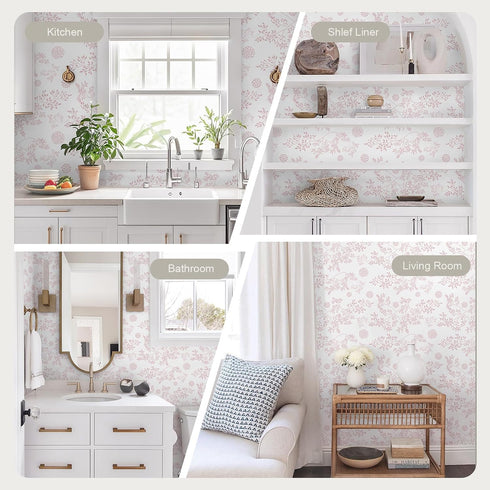 17.3"x196" Heroad Boho Peel and Stick Wallpaper Pink Floral Contact Paper Leaf Wall Paper Removable Self Adhesive