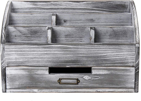 Distressed Rustic Wooden Office Desk Organizer - 5 Compartment with 2 Drawers & Counter Desk Tabletop Mail Rack, Grey