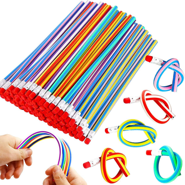 Haawooky 45 Pieces Flexible Soft Colorful Stripe Rubber Pencils with Erasers for Kids Gift