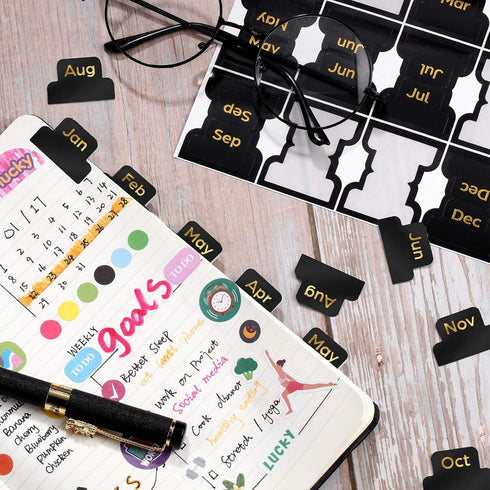 Outus 24 Pieces Monthly Adhesive Tabs for Planner, Designer Accessories Monthly Tabs Stickers for Notebook Planners