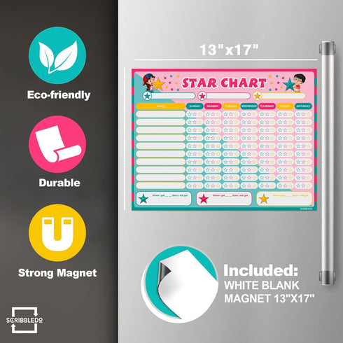 Magnetic Reward Chart for Kids, Dry Erase 13” X 17” Multiple Kids Refrigerator Star Behavior Chore Chart for Home,