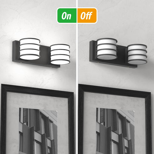 12.6 Inch 2-Light 6000K LED Bathroom Vanity Light - Black Fixture with White Acrylic Shades, Cool White, Mirror