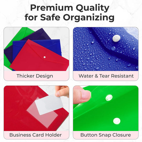 Plastic Envelopes - 12 Pack Plastic Folders for Documents, A4 Size Document Folder, Plastic Envelopes with Snap Closure, Reusable Plastic File Folder with Card Insert, Poly Envelopes by Cyber Printshop