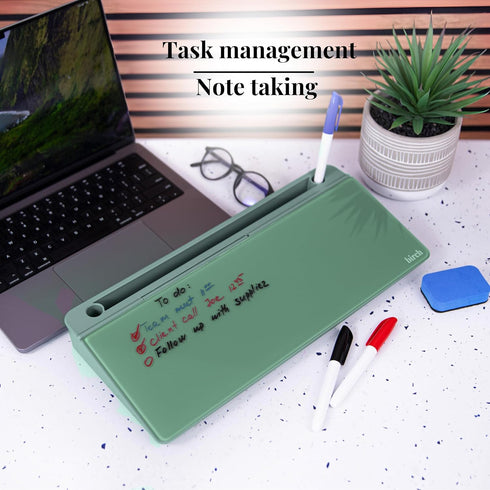 Birch Desktop Whiteboard with Storage & Multiple Markers, Glass Dry Erase Board, Notepad, Tabletop Desk Whiteboard