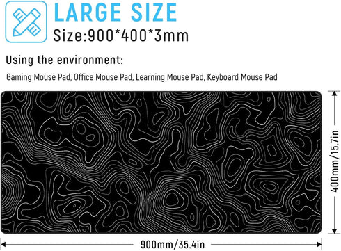 JIALONG Black Topographic Large Gaming Mouse Pad, XXL Mousepad, Big Desk Pad for Keyboard and Mouse, Gaming Accessories