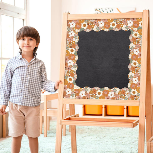 Whaline 32.8ft Boho Floral Bulletin Board Borders Retro Flower Scalloped Strips for School Classroom Office