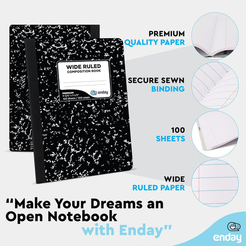 Emraw Composition Books, Black & White Marble Style, Durable Cover, Wide Ruled, 100 Sheets, Pack of 6