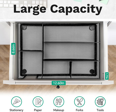 Desk Drawer Organizer Tray, Versatile Metal Mesh Organizers for Office Supplies, 12.60 x 8.66 x 1.77 Inches