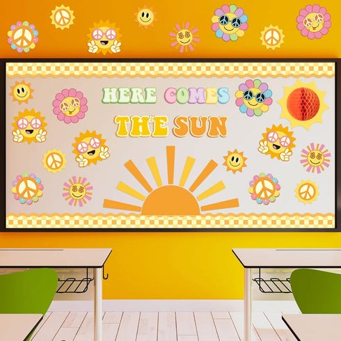 Retro Here Comes The Sun Bulletin Board Decorations, 84Pcs Groovy Hippie Boho Cutouts for Classroom
