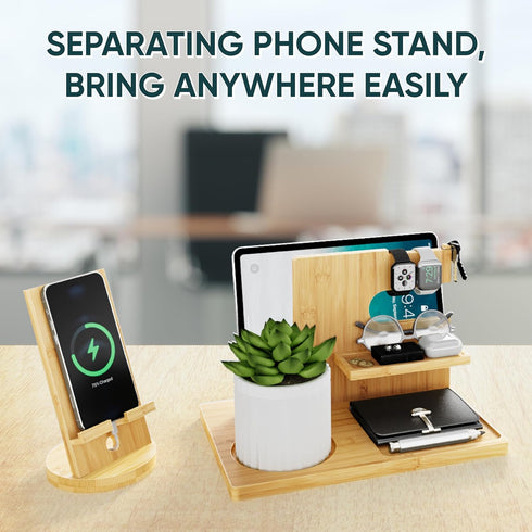 Semiocthome Wood Phone Docking Station with Separate Phone Stand, Bedside Organiser Desk Organiser Presents for Him