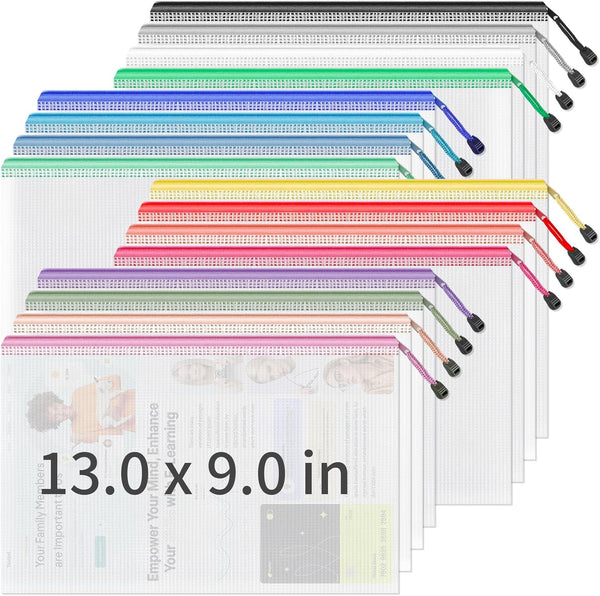 Umriox 16PCS Zipper Pouch, Clear Mesh Bags with Zipper for Organization, A4/Letter Size Pouches for Crafts
