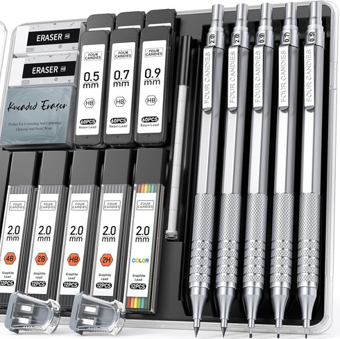 Four Candies Metal Mechanical Pencil Set, 3PCS 0.5, 0.7, 0.9MM & 2PCS 2MM Pencils with 420PCS Leads for Drawing (Silver)