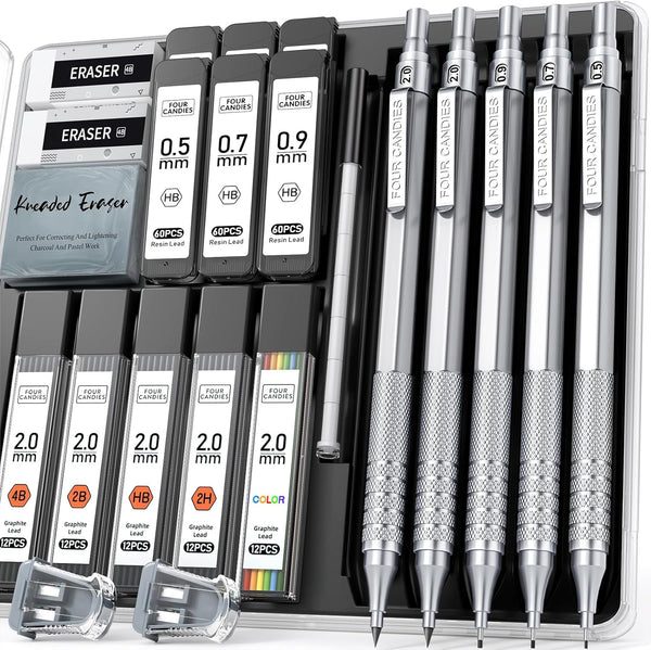 Four Candies Metal Mechanical Pencil Set, 3PCS 0.5, 0.7, 0.9MM & 2PCS 2MM Pencils with 420PCS Leads for Drawing (Silver)