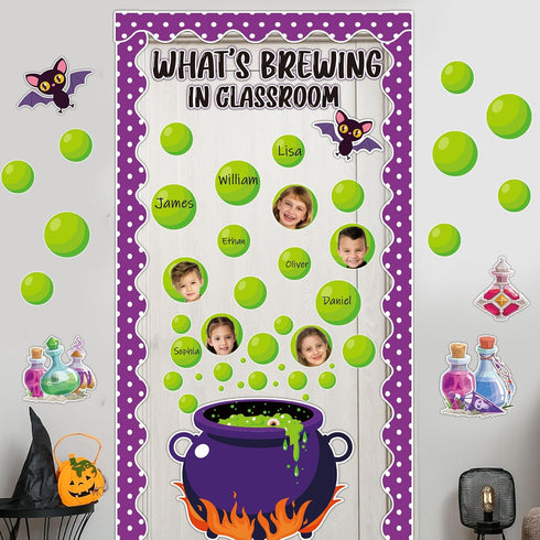 gisgfim Halloween Bulletin Board Decorations Set with Cauldron, Black Cat, Magic Jar Paper Cutouts