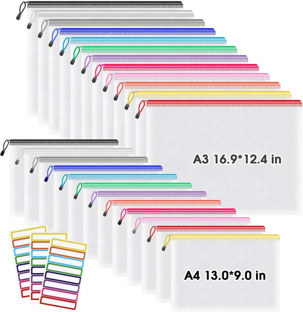 Umriox Multisize Mesh Zipper Pouch Bags, 24 Pack (A3+A4, 12 Colors) for Organizing School Office Travel Supplies
