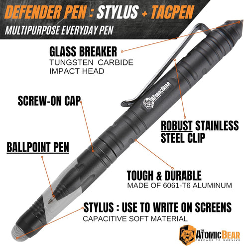 The Atomic Bear Defender Pen with Stylus - Tactical Pen for Self Defense – Emergency Window Breaker – Ballpoint EDC Pens for Tactical Gear – 2 Black & 1 Blue Ink Cartridges by The Atomic Bear