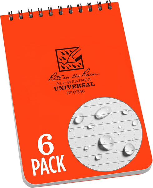 Rite in the Rain Weatherproof Top Spiral Notebook, 4" x 6", Orange Cover, Universal Pattern, 6 Pack