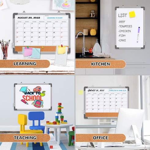 Monthly Calendar Whiteboard Cork Board Combination, 17"x13" Magnetic Dry Erase Board, Double-Sided, Portable for Home