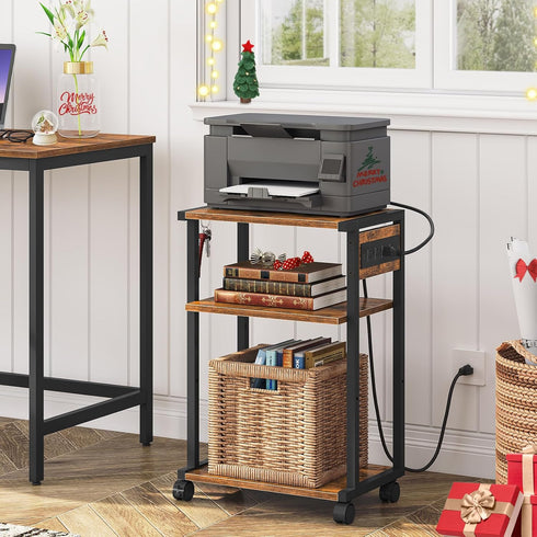 HOOBRO 3-Tier Industrial Printer Stand with Charging Station, Rolling Printer Cart, Adjustable Shelf and Hook, Rustic