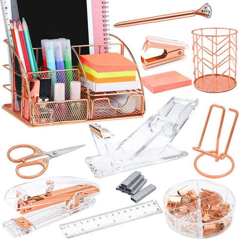 Rose Gold Desk Organizers Set, 13PS Office Supplies with Acrylic Stapler, Tape Dispenser, and Pen Holder