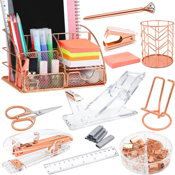 Rose Gold Desk Organizers Set, 13PS Office Supplies with Acrylic Stapler, Tape Dispenser, and Pen Holder