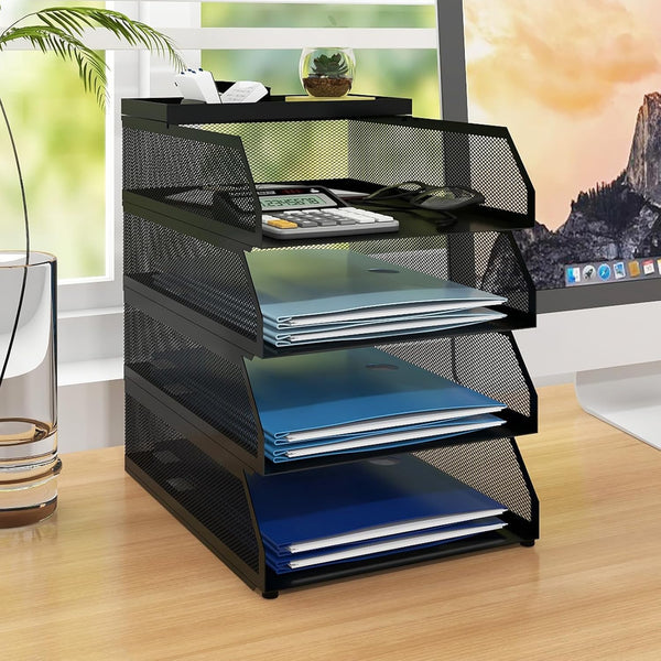 Natwind 4-Tier Stackable Paper Tray, Metal Mesh Desktop Organizer for Paper, Letter, and Document Storage