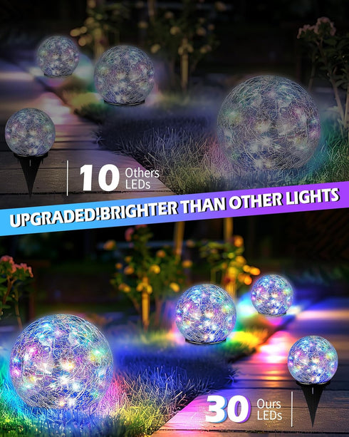 Garden Solar Ball Lights Outdoor Waterproof, 30 LED Cracked Glass Globe Solar Power Ground Lights for Path Yard Patio Lawn, Christmas Decoration Landscape Colorful (2 Pack 3.9'')