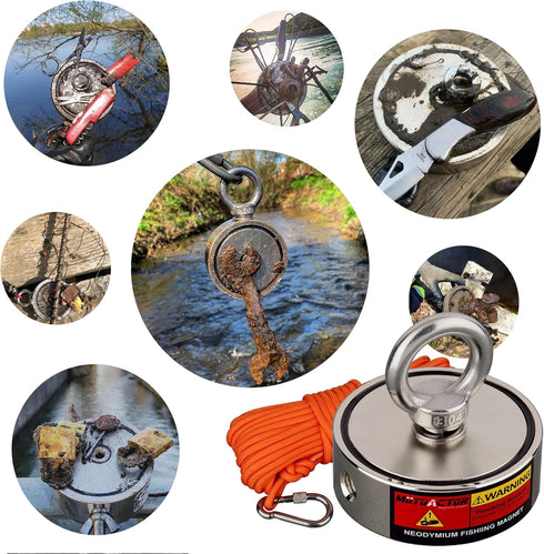 MUTUACTOR Neodymium Fishing Magnet, Double Sided 1100lbs Heavy Duty with 65Ft Rope and Waterproof Bag