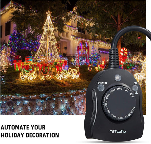 Outdoor Timer Outlet, Dusk to Dawn Light Sensor Timer, Weatherproof 2 Grounded Outlets for Christmas Lights (1 Pack)