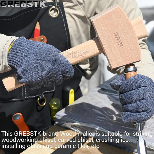 GREBSTK 12" Wooden Mallet, Manual Ice Hammer, Beech Solid Carpenter Woodworking Tool