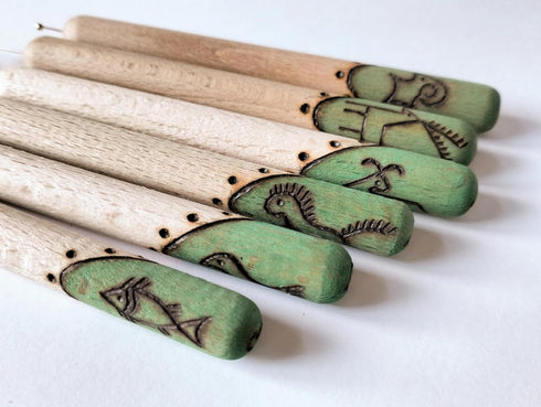 Set 6 set set of tools for Ukrainian Easter eggs decorating, Kistka decorated with hand wood-burned pysanky symbols