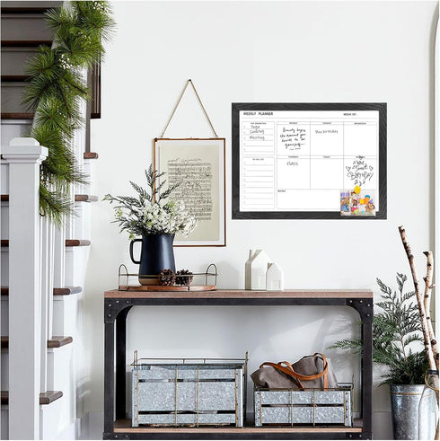 White Board Weekly Calendar - Dry Erase Planner for Wall, 16"X12", Black Solid Wood Frame, Magnetic Whiteboard
