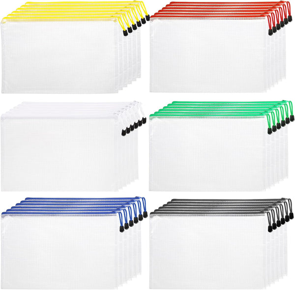 Hedume 36 Pcs Waterproof Mesh Zipper Pouch Bags, A4 Size, 6 Colors for Organizing Office Supplies, Puzzles, Travel