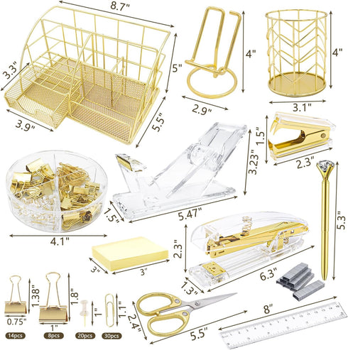 Gold Desk Organizers and Accessories, 13PS Set with Acrylic Stapler, Tape Dispenser, Pen Holder, Office Supplies