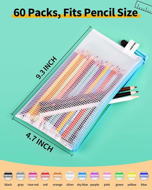 Smarpau 60 Pcs Pencil Pouch, 12 Colors 9.3" x 4.7" Small Mesh Zipper Pouches, Waterproof Zipper Pencil Bags for