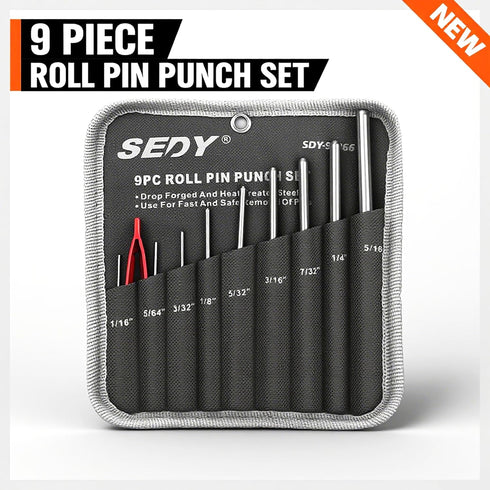 9-Piece Set Roll Pin Punch - Fast Pin Removal - Durable Steel & Construction - For Automotive, Firearm Maintenance