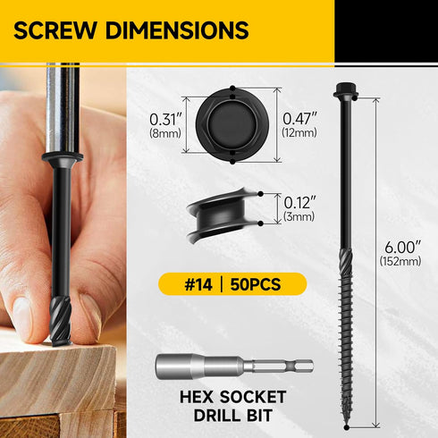 Mywish 50Pcs #14 x 6 Inch Heavy Duty Wood Screws Assortment Kit, Black Timber Screws with Hex Socket Included