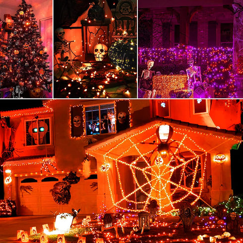 2Pack 144ft 400 8 IP44 Solar Halloween String Lights Outdoor Orange, LED Spooky Lights Modes with Timer, Waterproof