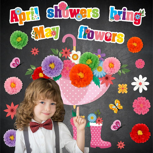 ojustbeok April Showers Bring May Flowers Bulletin Board Decorations, Spring Cutouts with 3D Tissue Paper Pompoms for