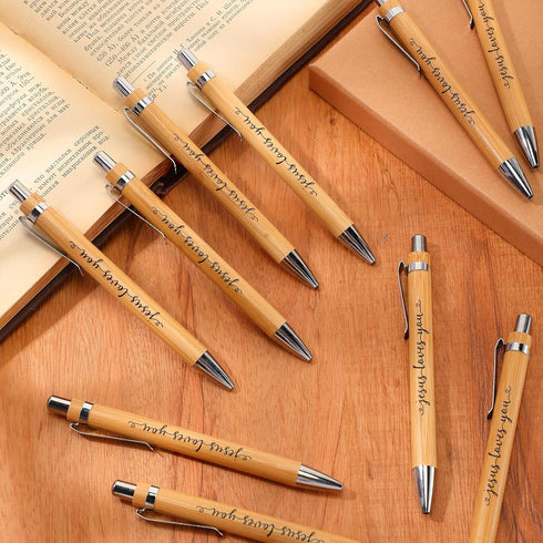 Yeaqee Jesus Loves You Pen, Bulk Christian Ballpoint Pen, Bamboo Inspirational Black Ink Writing Gift for School Office