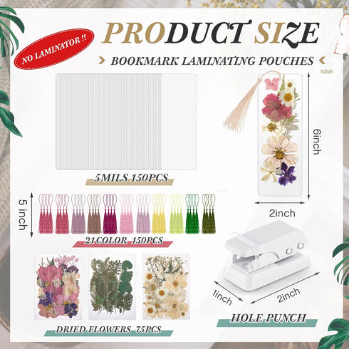 Fuyoooo 376 150 150 Lovers(2 6 Inch,Boho Pcs Dried Flower Bookmark Making Kit, DIY Bookmark Laminating Pouches